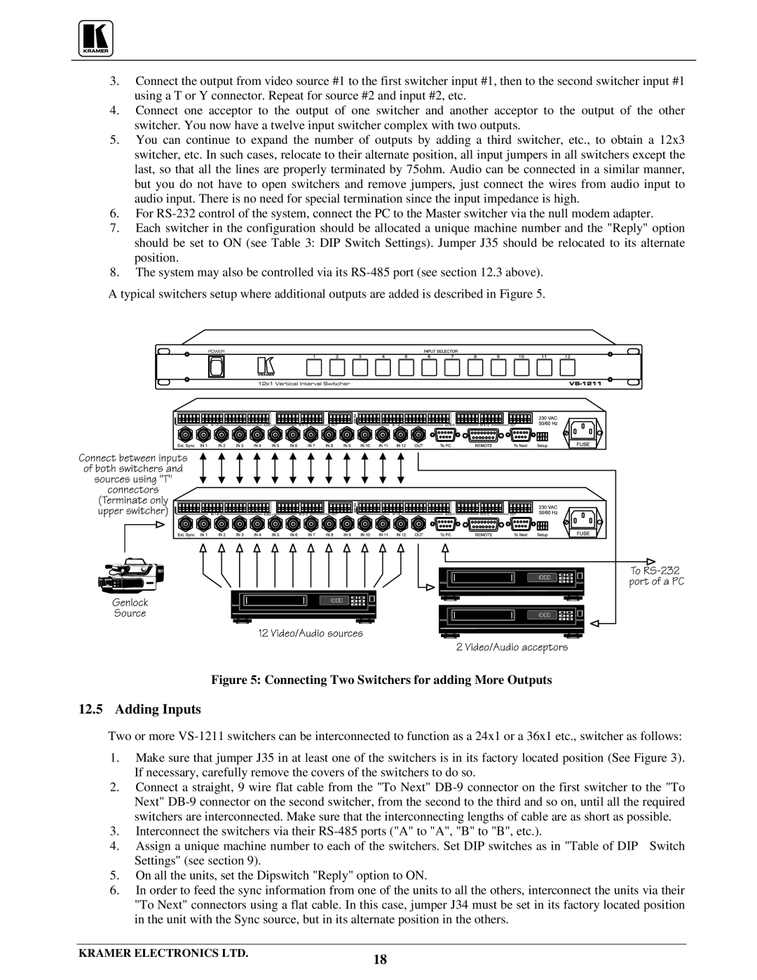 Kramer Electronics VS-1211 user manual Adding Inputs, Figure Connecting Two Switchers for adding More Outputs 