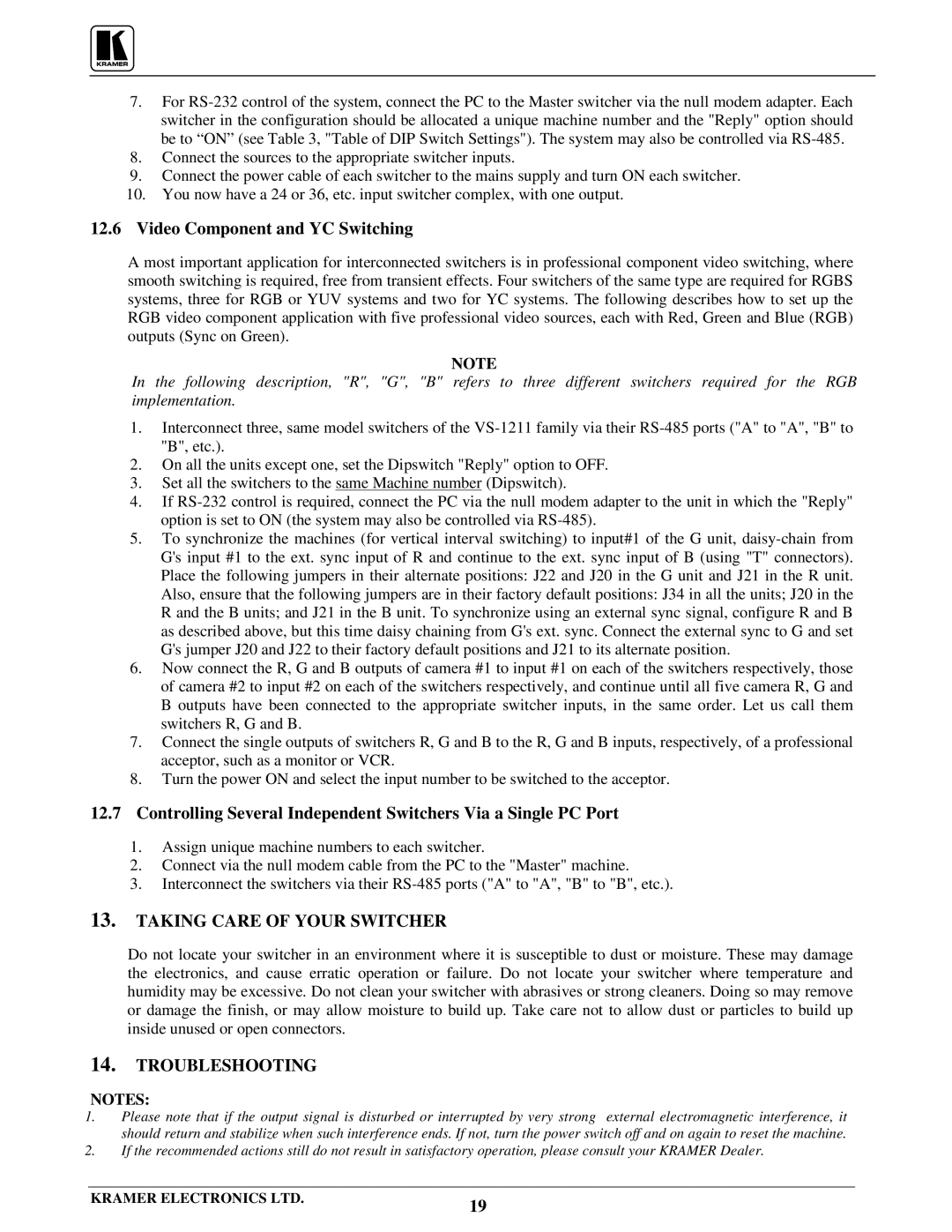 Kramer Electronics VS-1211 user manual Video Component and YC Switching, Taking Care of Your Switcher, Troubleshooting 