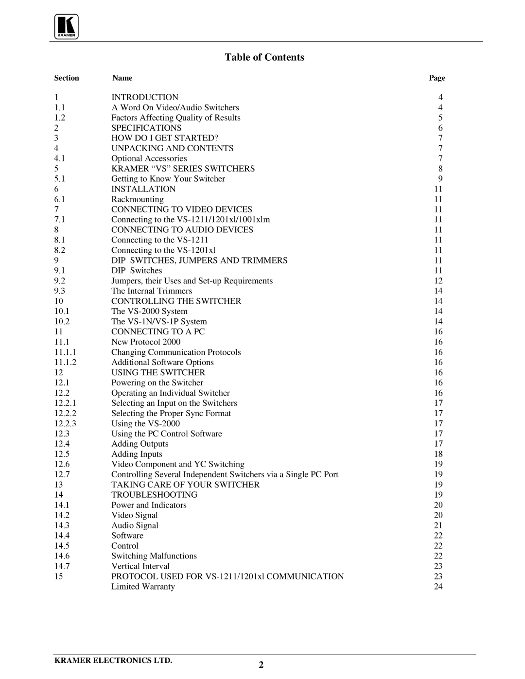 Kramer Electronics VS-1211 user manual Table of Contents 