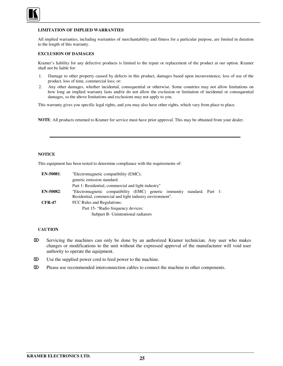 Kramer Electronics VS-1211 user manual Limitation of Implied Warranties 