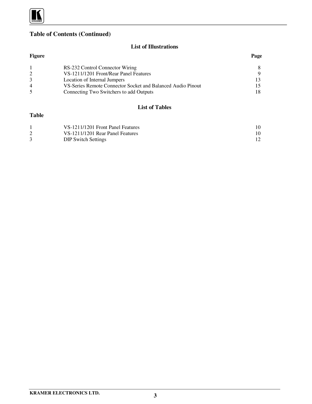 Kramer Electronics VS-1211 user manual List of Illustrations, List of Tables 