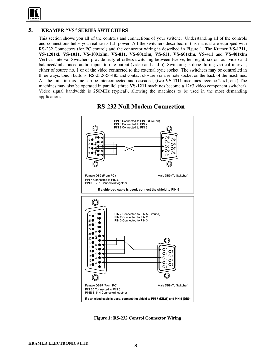 Kramer Electronics VS-1211 user manual Kramer VS Series Switchers, RS-232 Control Connector Wiring 