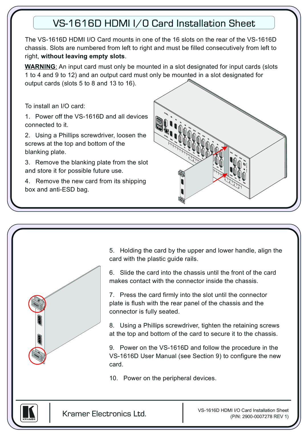 Kramer Electronics user manual VS-1616D Hdmi I/O Card Installation Sheet 