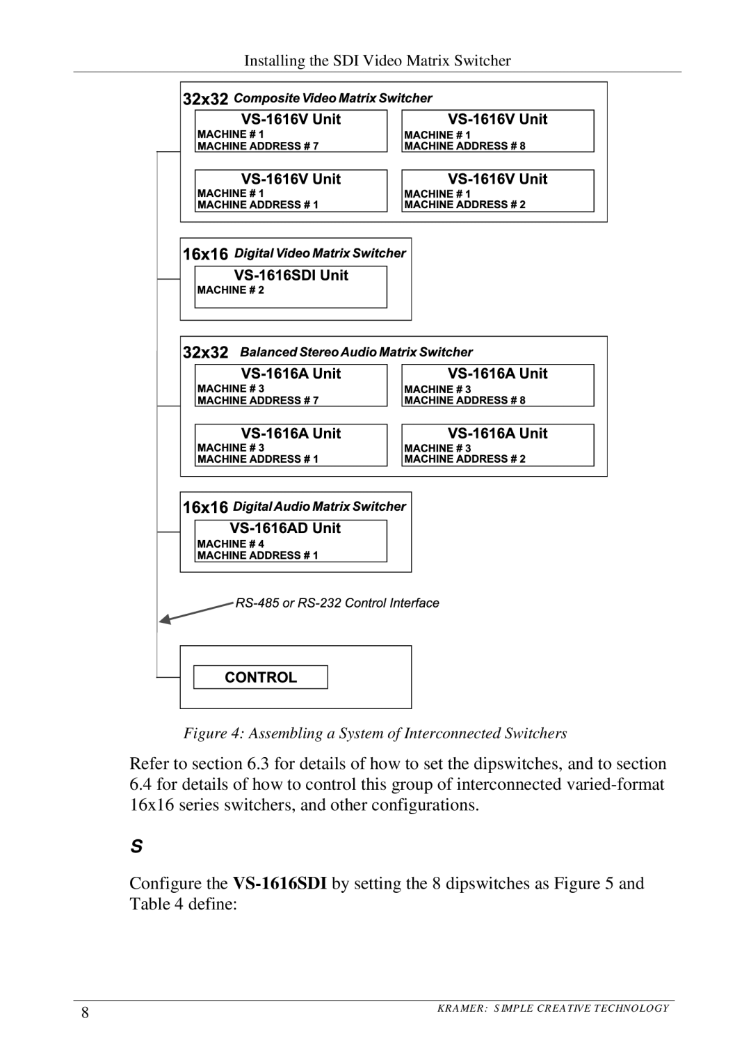 Kramer Electronics VS-1616SDI user manual Setting the Dipswitches, Assembling a System of Interconnected Switchers 