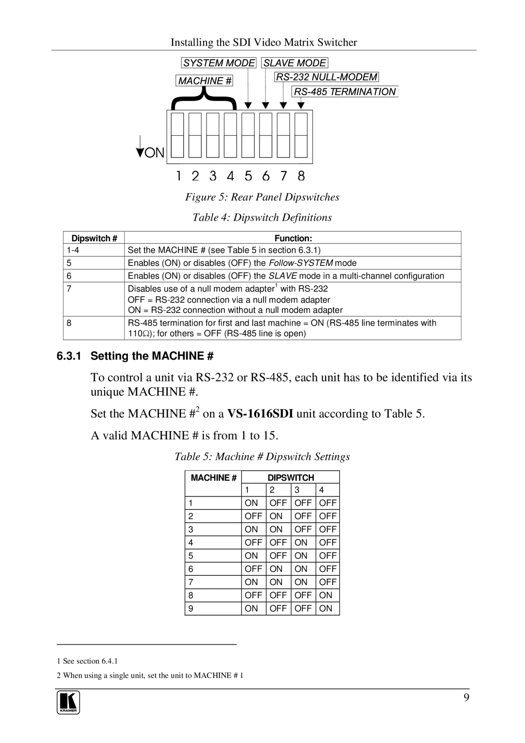 Kramer Electronics VS-1616SDI user manual Setting the Machine # 