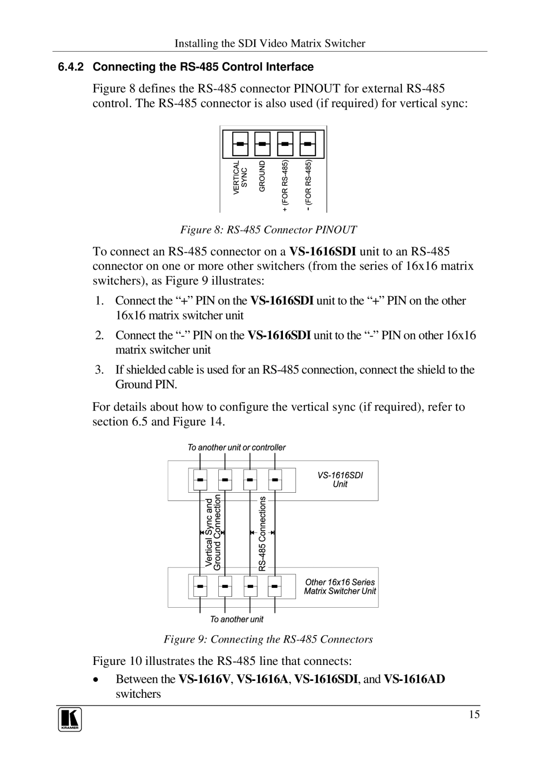 Kramer Electronics VS-1616SDI user manual Illustrates the RS-485 line that connects 