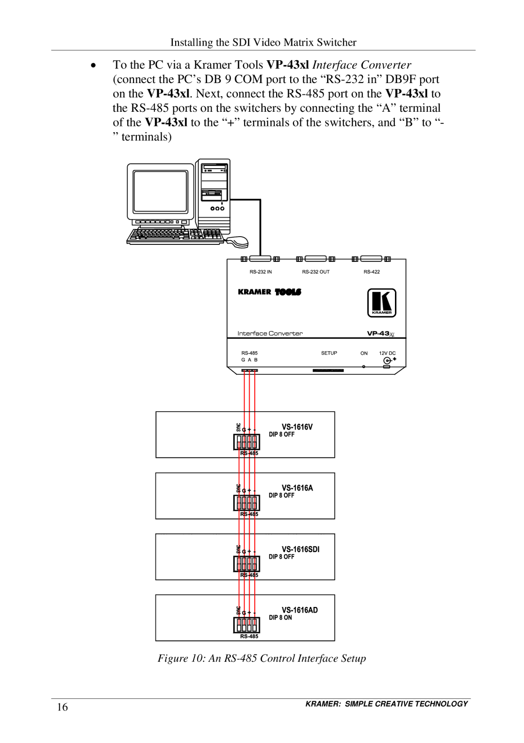 Kramer Electronics VS-1616SDI user manual An RS-485 Control Interface Setup 