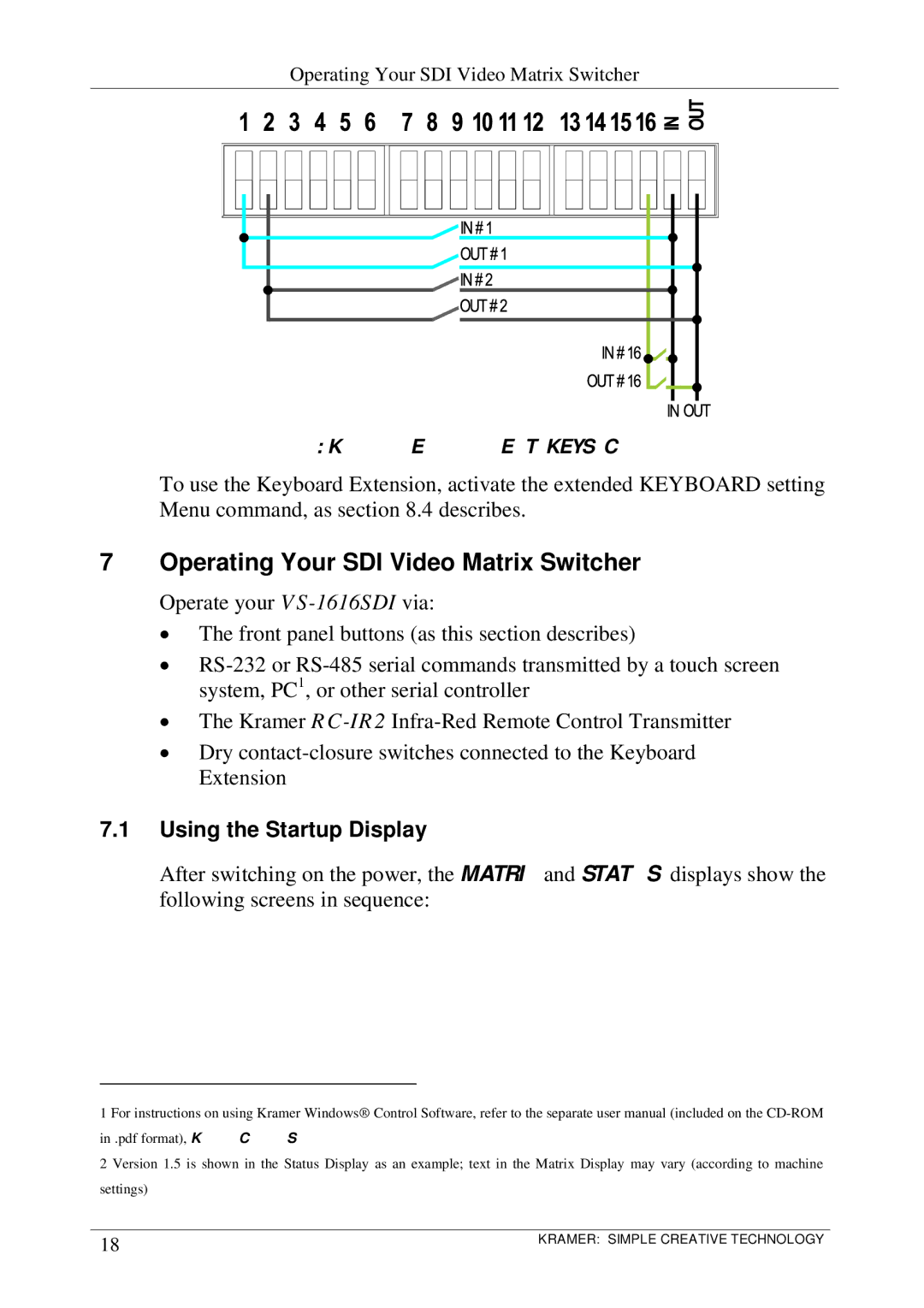 Kramer Electronics VS-1616SDI user manual Operating Your SDI Video Matrix Switcher, Using the Startup Display 