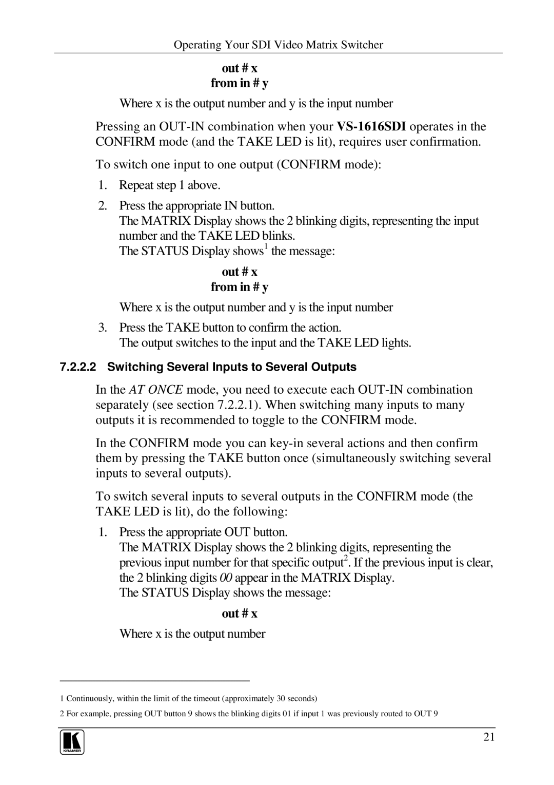 Kramer Electronics VS-1616SDI user manual Out # From in # y, Where x is the output number 