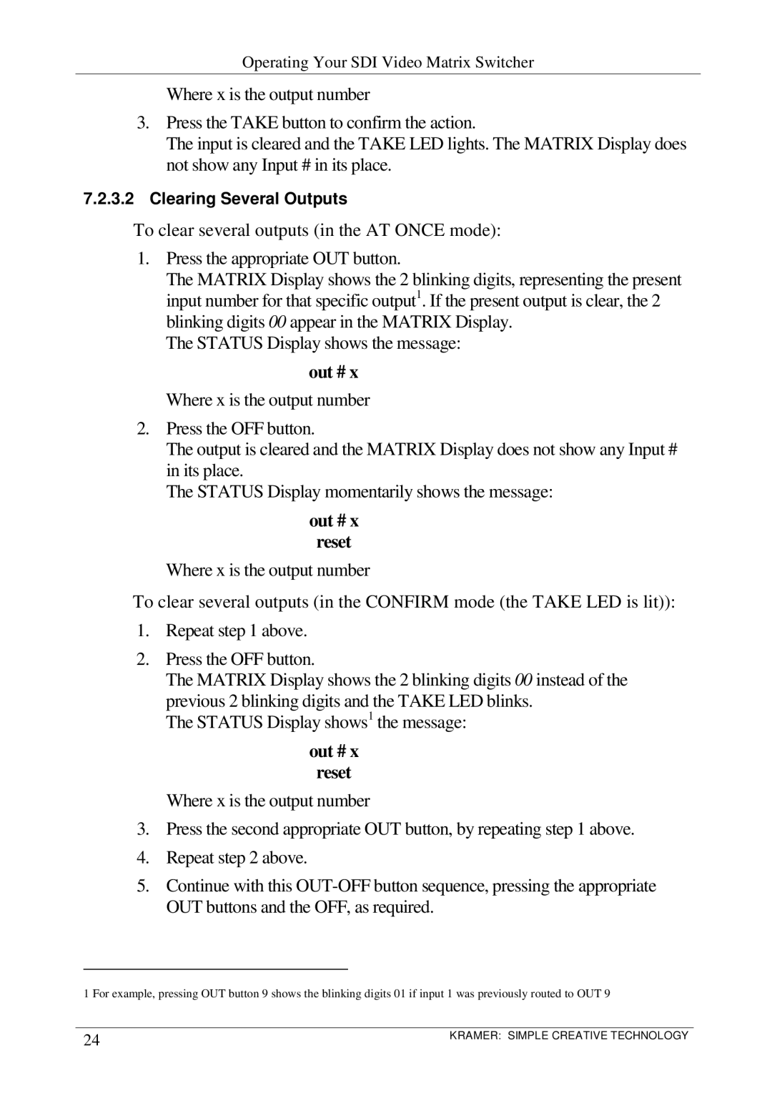 Kramer Electronics VS-1616SDI user manual Clearing Several Outputs 