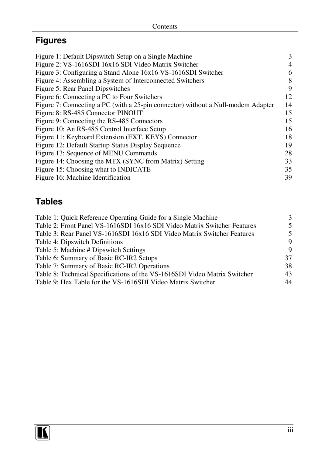 Kramer Electronics VS-1616SDI user manual Figures, Tables 