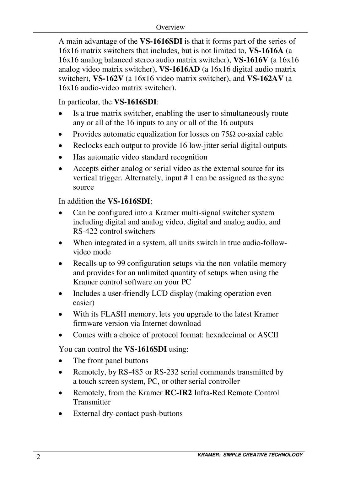 Kramer Electronics VS-1616SDI user manual Overview 