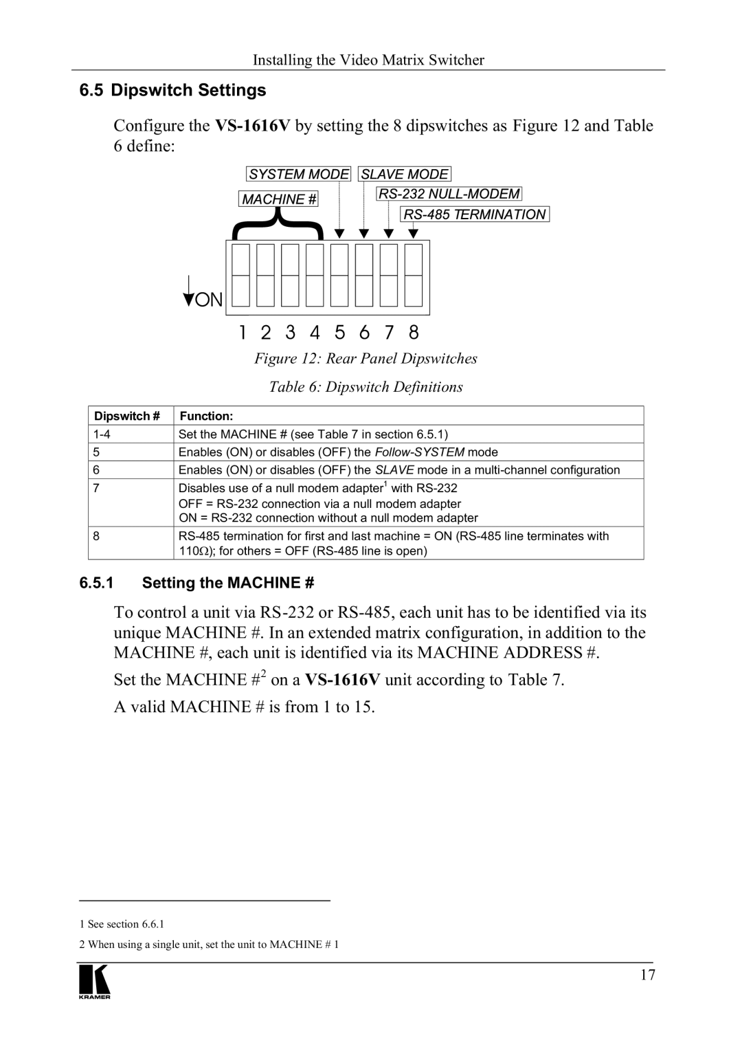 Kramer Electronics VS-1616V manual $YDOLG0$&+,1LVIURPWR, LJXUH5HDU3DQHOLSVZLWFKHV 7DEOHLSVZLWFKHILQLWLRQV, 6HWWLQJWKH0$&+,1 