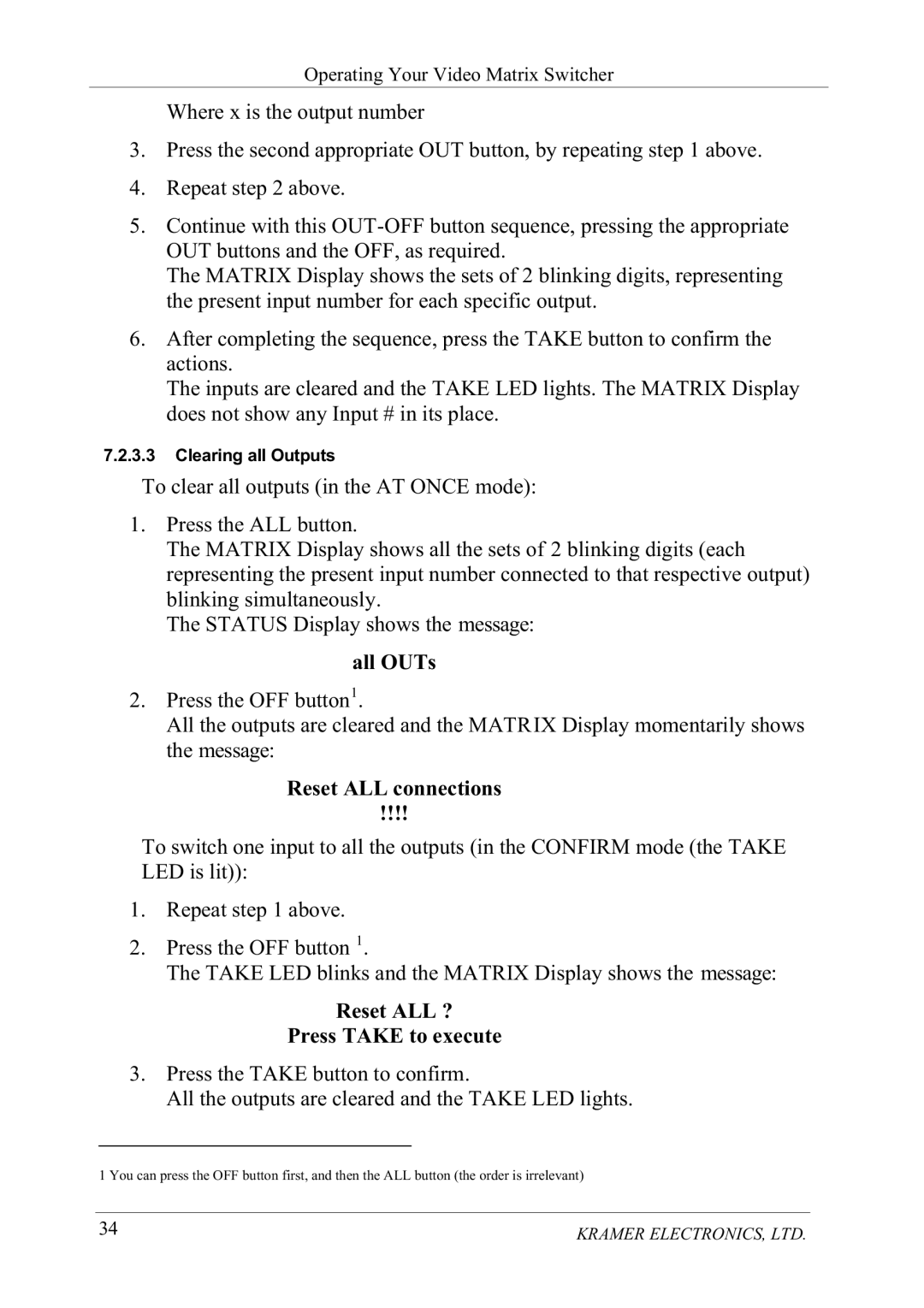 Kramer Electronics VS-1616V manual 7RFOHDUDOORXWSXWVLQWKH$721&PRGH, DOO287V 3UHVVWKH2EXWWRQ, 5HVHW$//FRQQHFWLRQV 