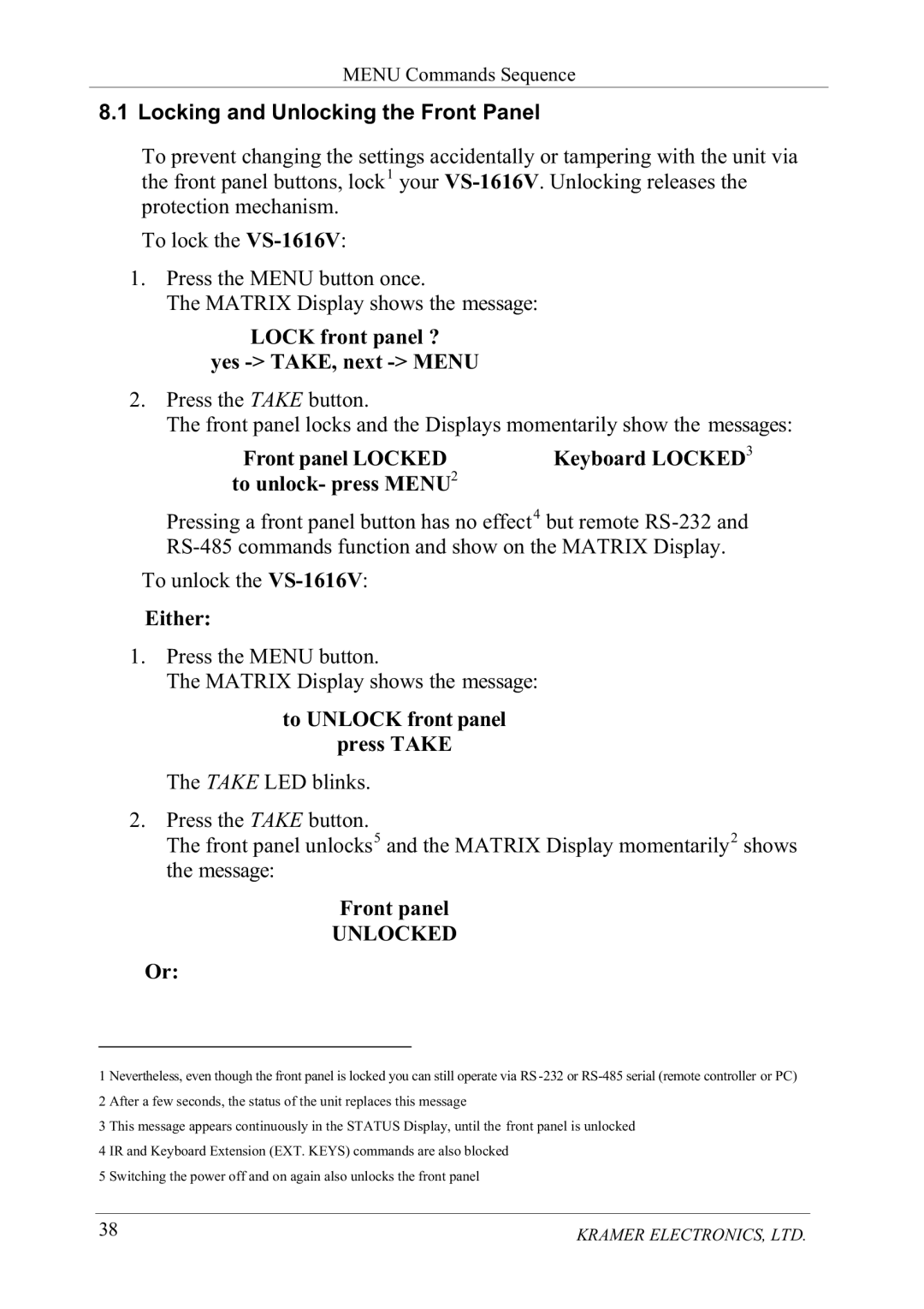 Kramer Electronics VS-1616V manual RFNLQJDQG8QORFNLQJWKHURQW3DQHO, Surwhfwlrqphfkdqlvp, WRXQORFNSUHVV018, Lwkhu, Urqwsdqho 