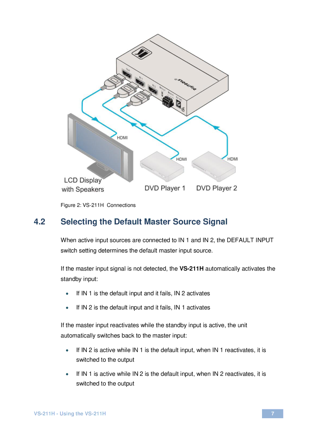 Kramer Electronics user manual Selecting the Default Master Source Signal, VS-211H Connections 