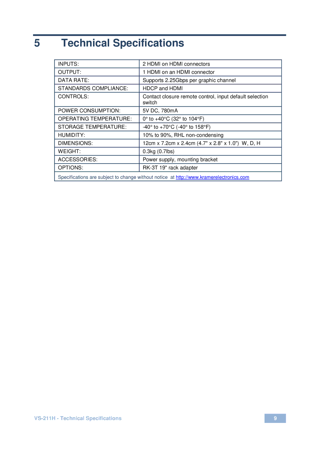 Kramer Electronics VS-211H user manual Technical Specifications 