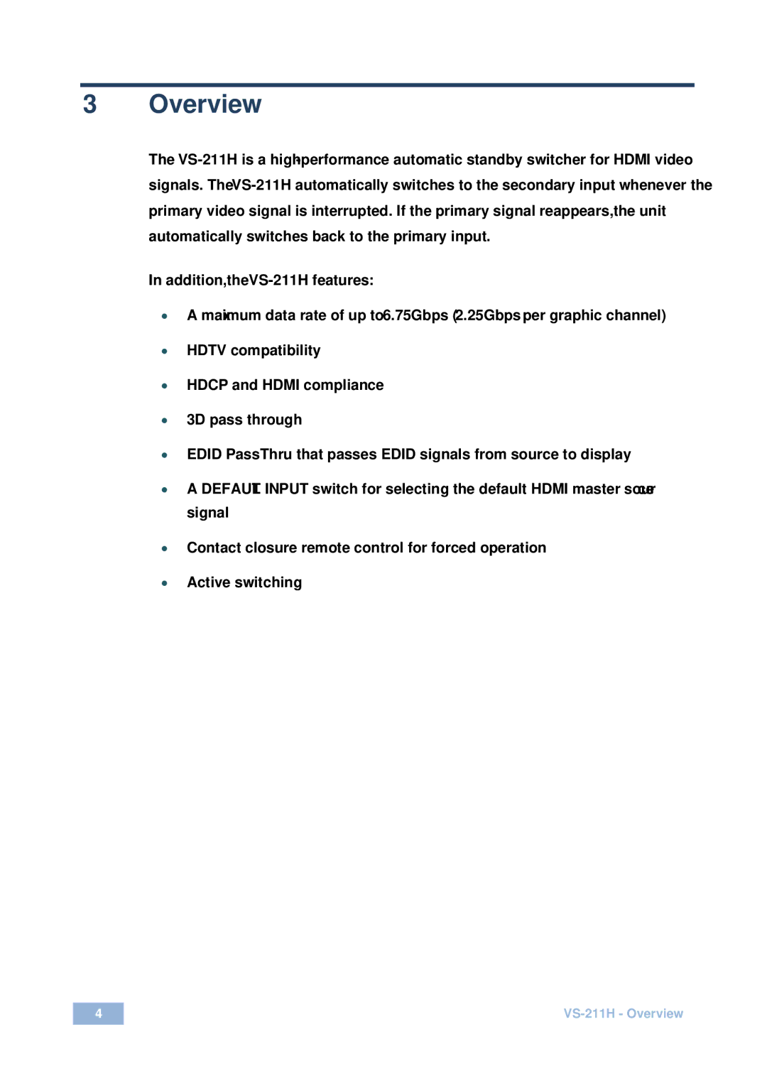 Kramer Electronics VS-211H user manual Overview 