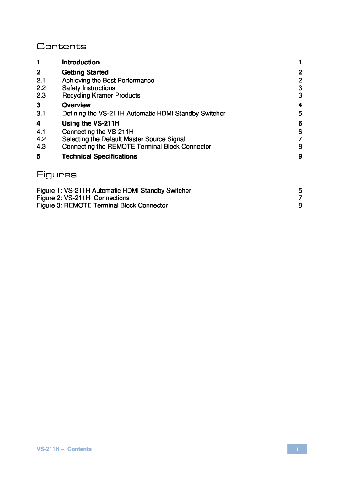 Kramer Electronics user manual Contents, Figures, Introduction, Getting Started, Overview, Using the VS-211H 