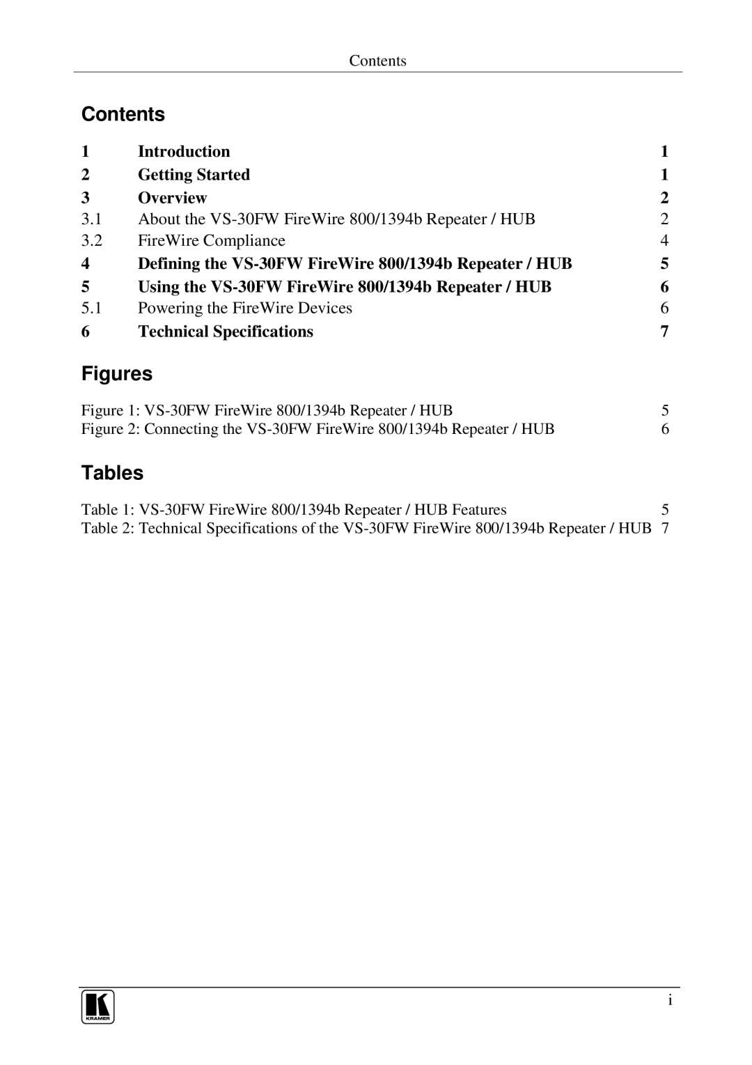 Kramer Electronics VS-30FW user manual Contents, Tables 