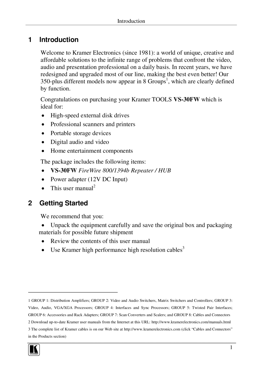 Kramer Electronics VS-30FW user manual Introduction, Getting Started 