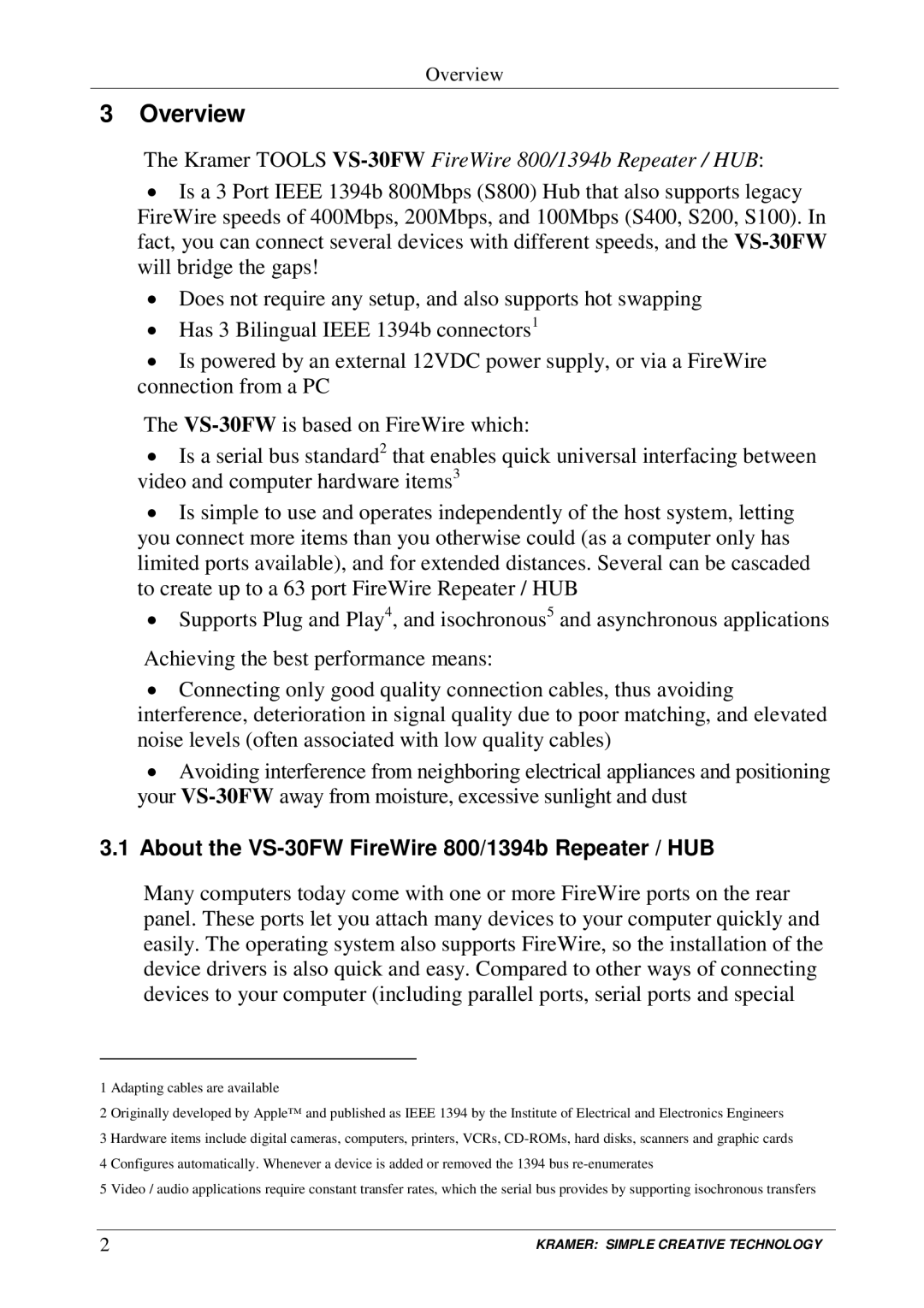 Kramer Electronics user manual Overview, About the VS-30FW FireWire 800/1394b Repeater / HUB 