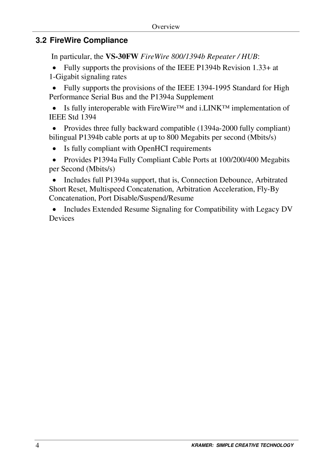 Kramer Electronics user manual FireWire Compliance, Particular, the VS-30FWFireWire 800/1394b Repeater / HUB 