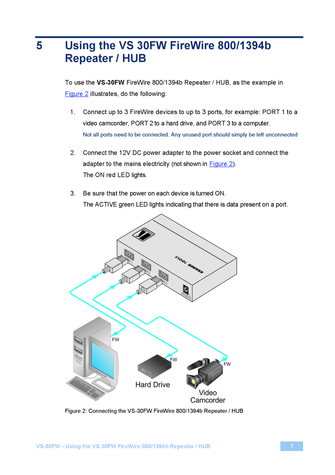 Kramer Electronics VS-30FW manual Using the VS 30FW FireWire 800/1394b Repeater / HUB 