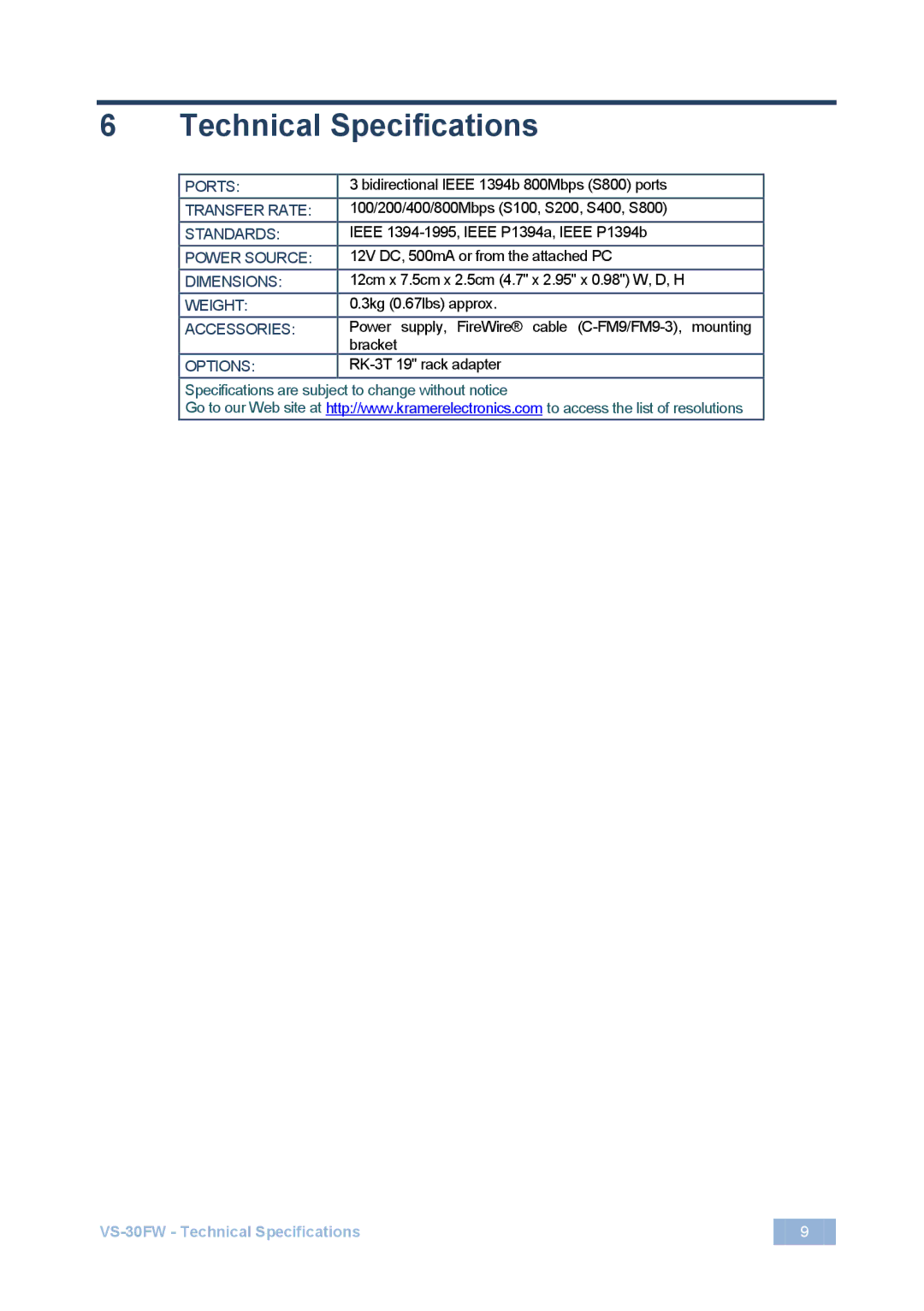 Kramer Electronics manual VS-30FW Technical Specifications 