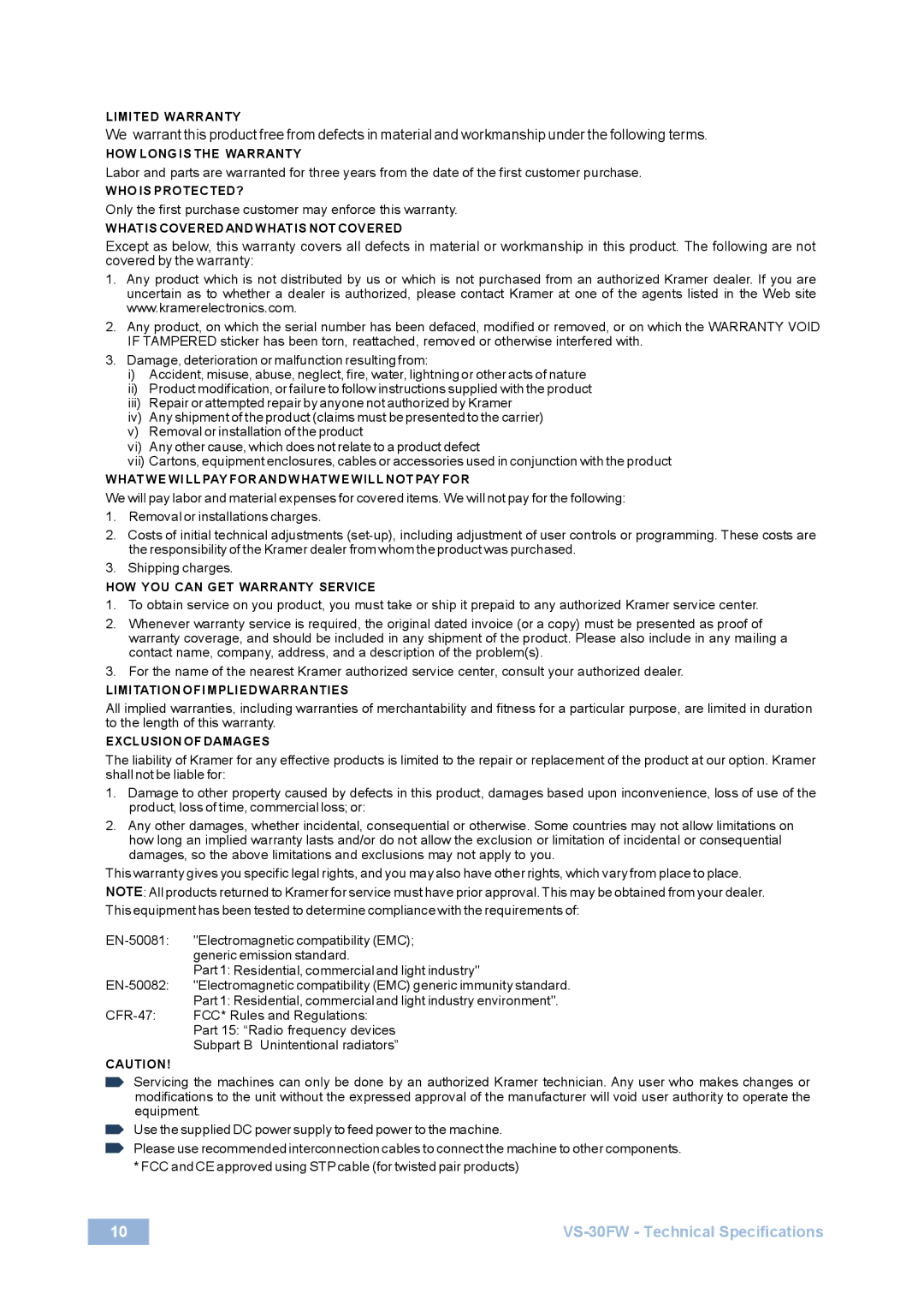 Kramer Electronics manual VS-30FW Technical Specifications 