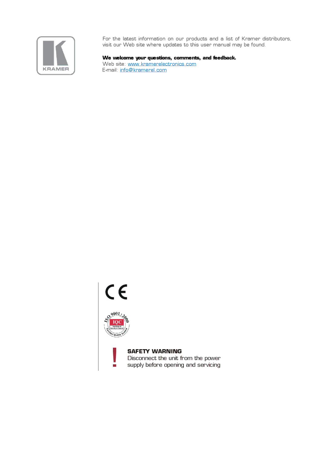 Kramer Electronics VS-30FW manual Safety Warning 