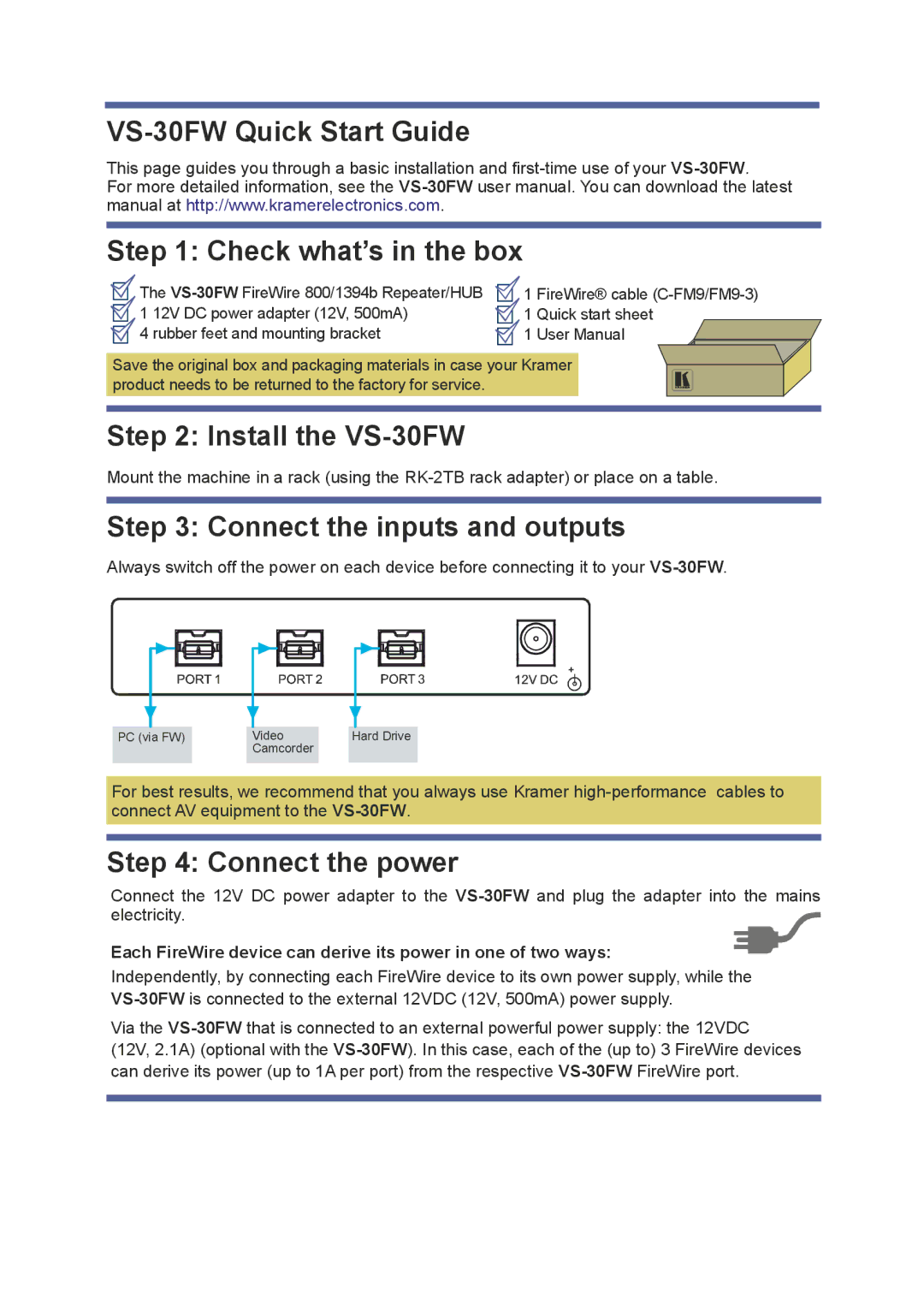 Kramer Electronics manual VS-30FW Quick Start Guide 