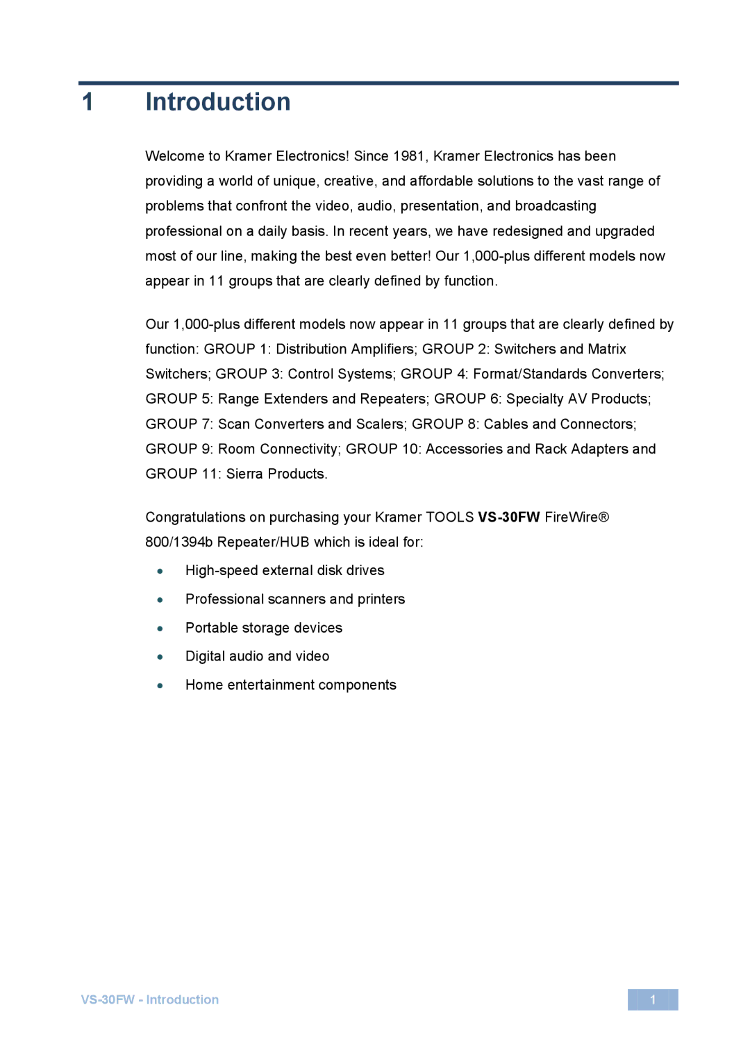 Kramer Electronics VS-30FW manual Introduction 