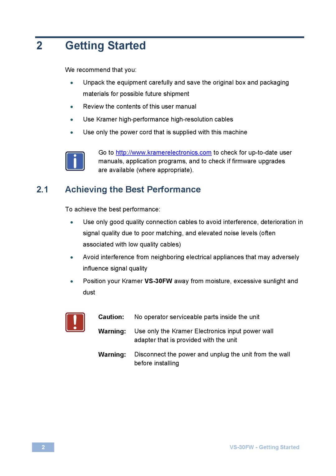 Kramer Electronics VS-30FW manual Getting Started, Achieving the Best Performance 