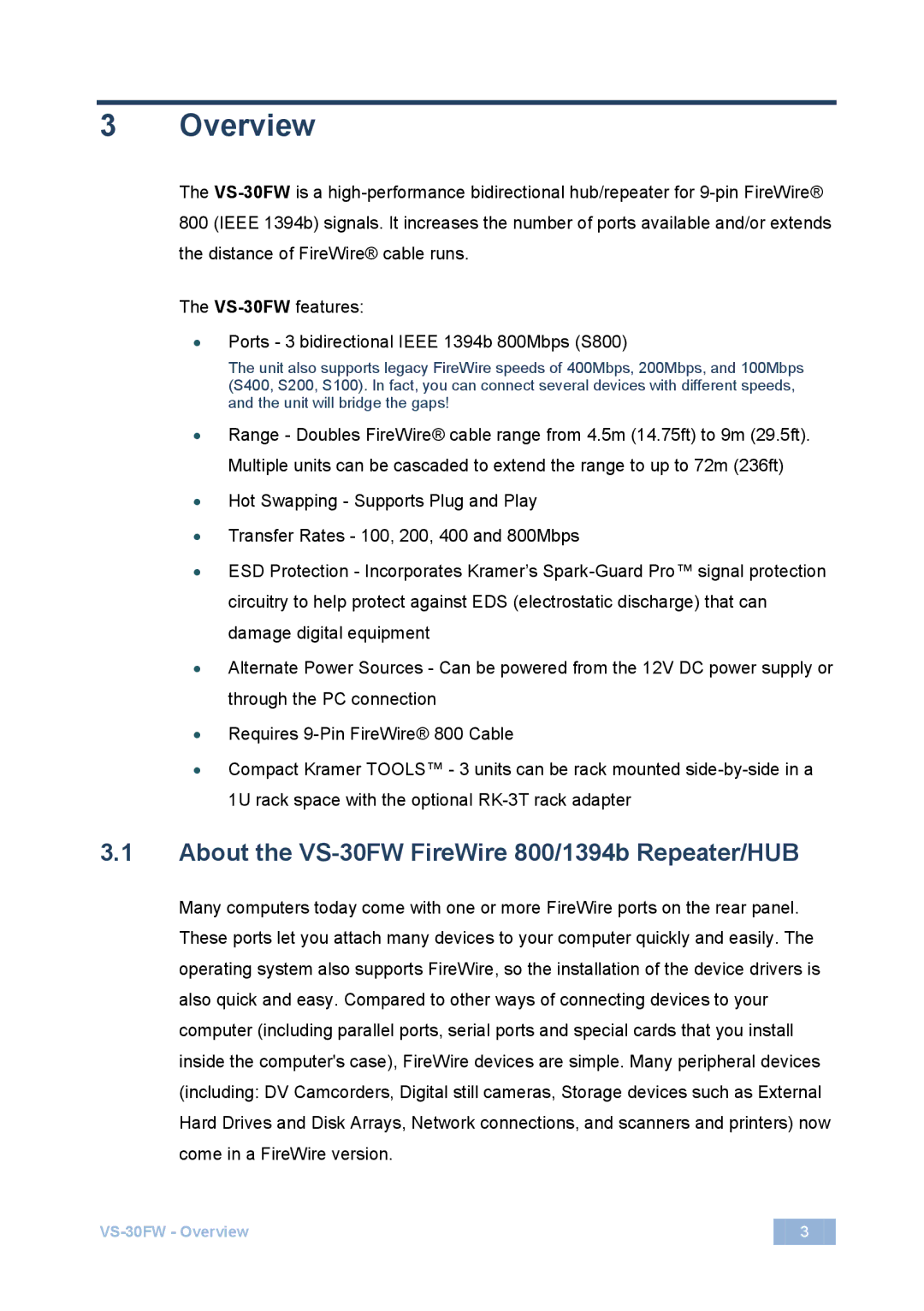 Kramer Electronics manual Overview, About the VS-30FW FireWire 800/1394b Repeater/HUB 