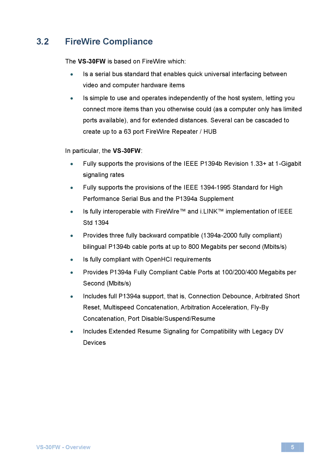 Kramer Electronics VS-30FW manual FireWire Compliance 