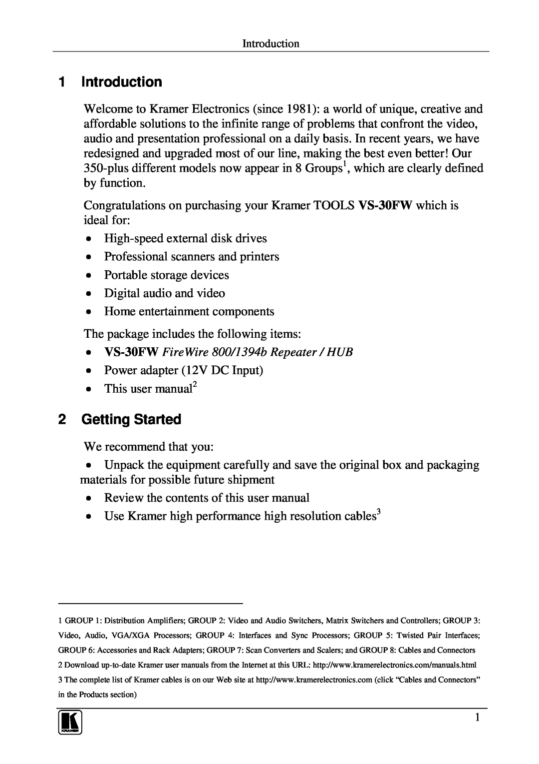 Kramer Electronics user manual Introduction, Getting Started, VS-30FW FireWire 800/1394b Repeater / HUB 