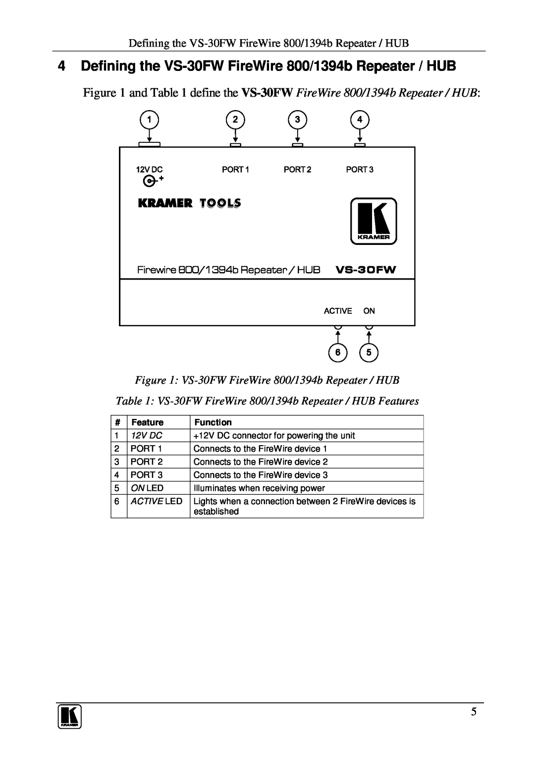 Kramer Electronics user manual Defining the VS-30FW FireWire 800/1394b Repeater / HUB, Feature, Function, 12V DC, On Led 