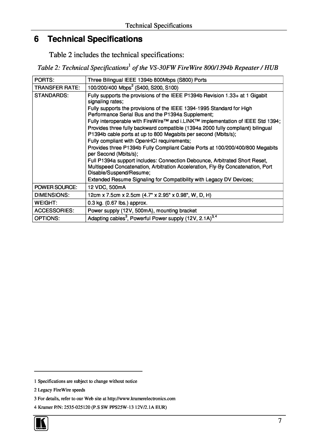 Kramer Electronics VS-30FW user manual Technical Specifications, includes the technical specifications 