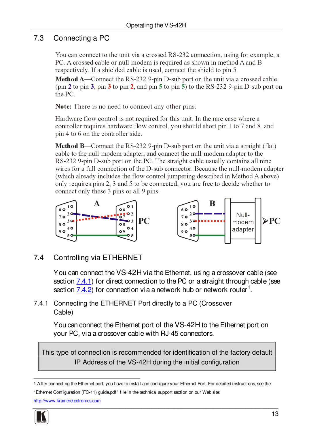 Kramer Electronics VS-42H user manual Connecting a PC Controlling via Ethernet 