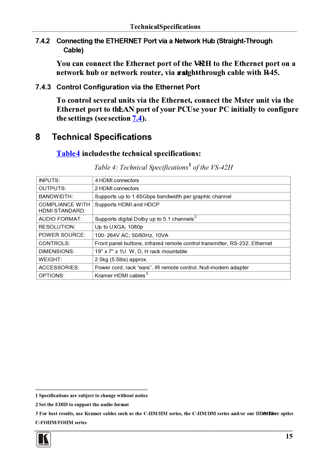 Kramer Electronics user manual Technical Specifications 1 of the VS-42H 