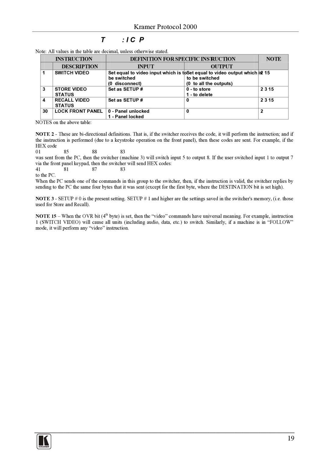 Kramer Electronics VS-42H user manual Instruction Codes for Protocol, Switch Video 