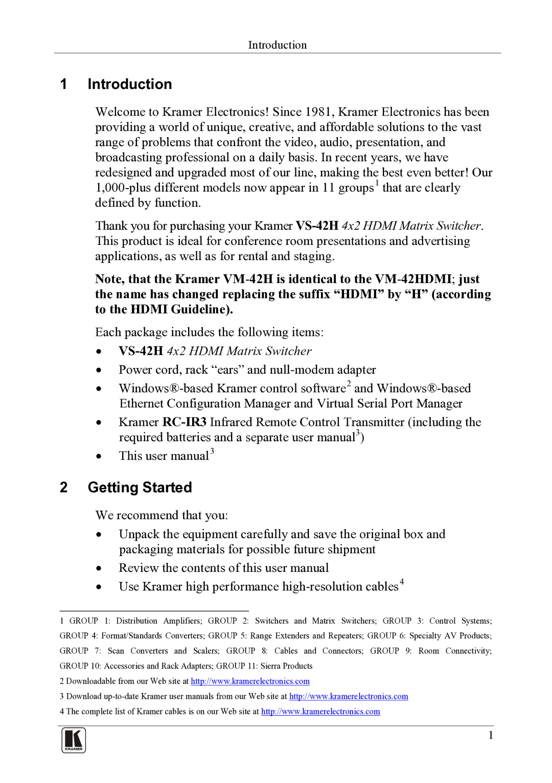 Kramer Electronics VS-42H user manual Introduction, Getting Started 