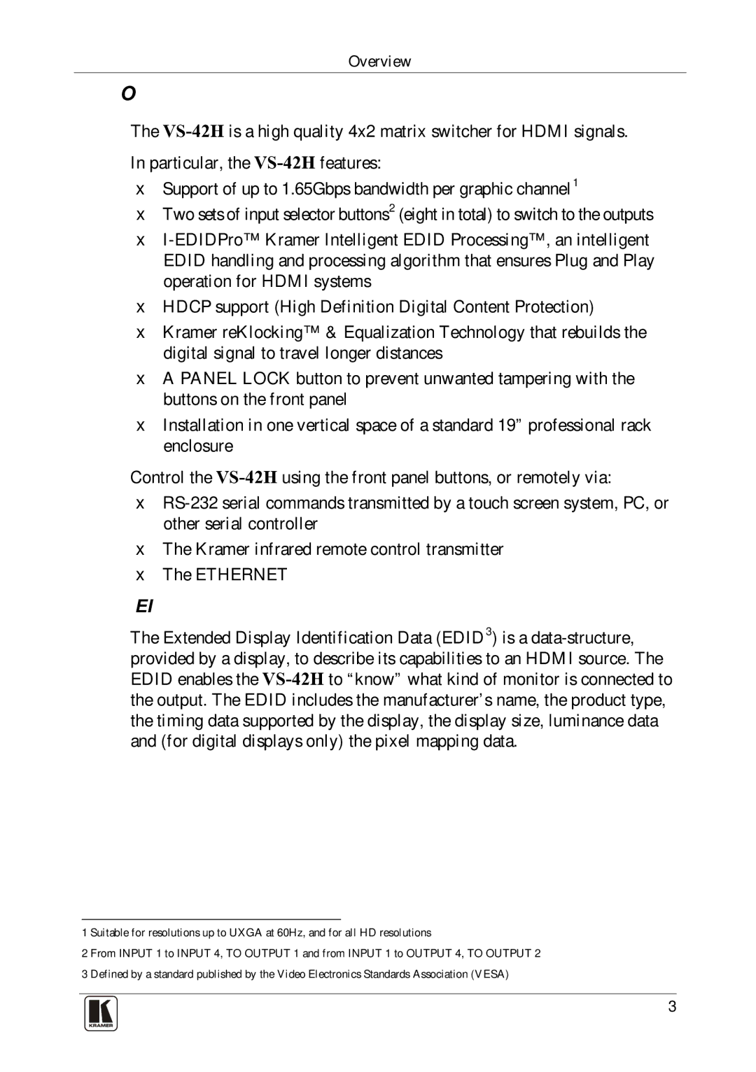 Kramer Electronics VS-42H user manual Overview, Defining Edid 