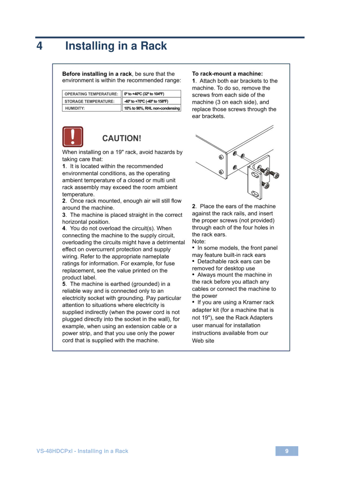 Kramer Electronics vs-48hdcpx1 user manual Installing in a Rack 