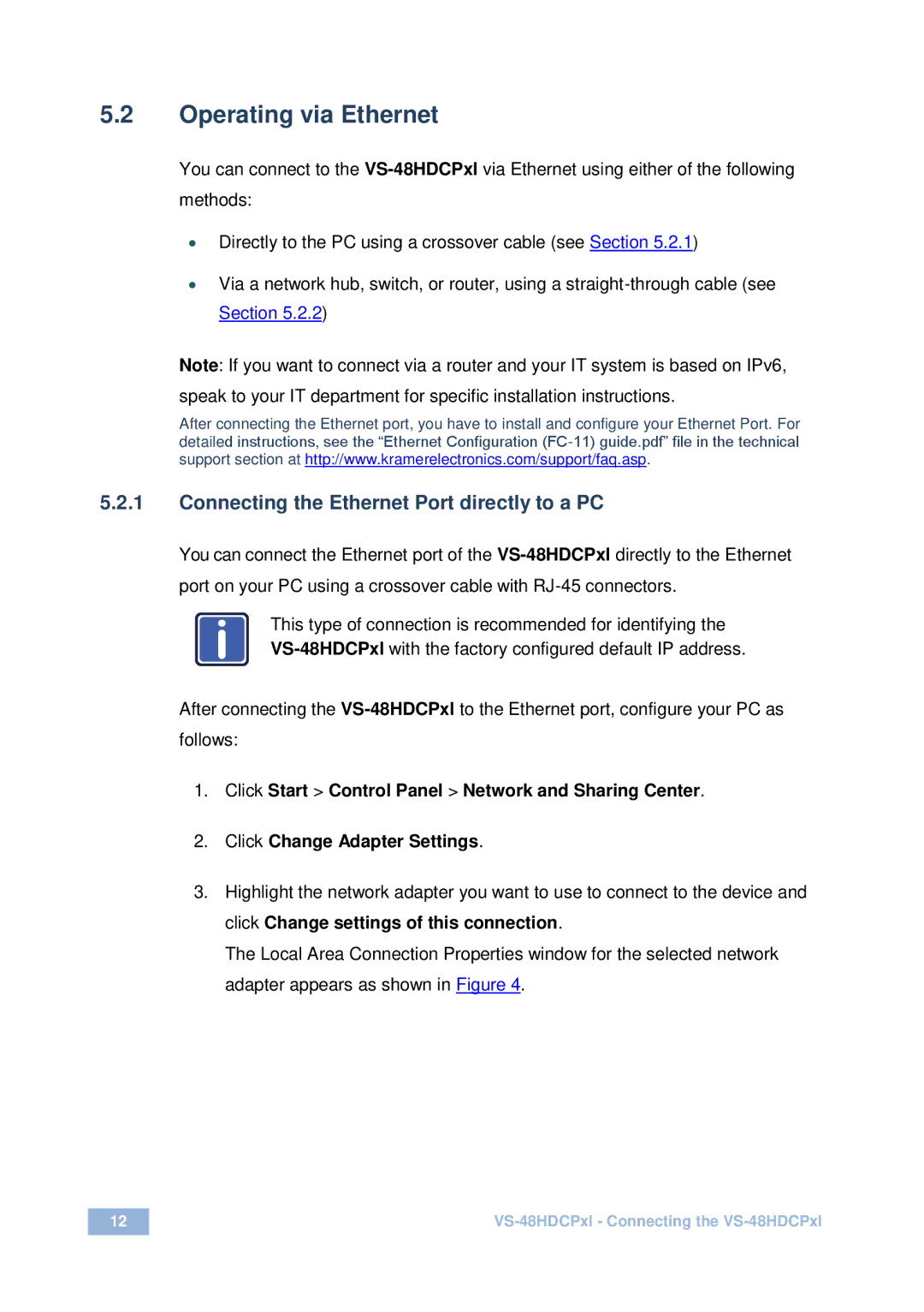 Kramer Electronics vs-48hdcpx1 user manual Operating via Ethernet, Connecting the Ethernet Port directly to a PC 