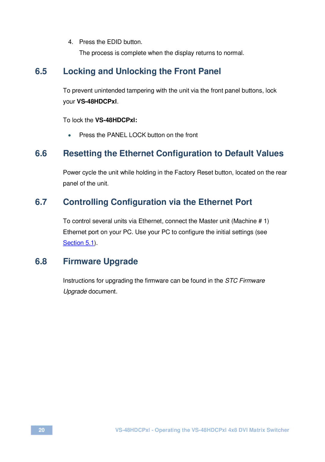 Kramer Electronics vs-48hdcpx1 Locking and Unlocking the Front Panel, Controlling Configuration via the Ethernet Port 