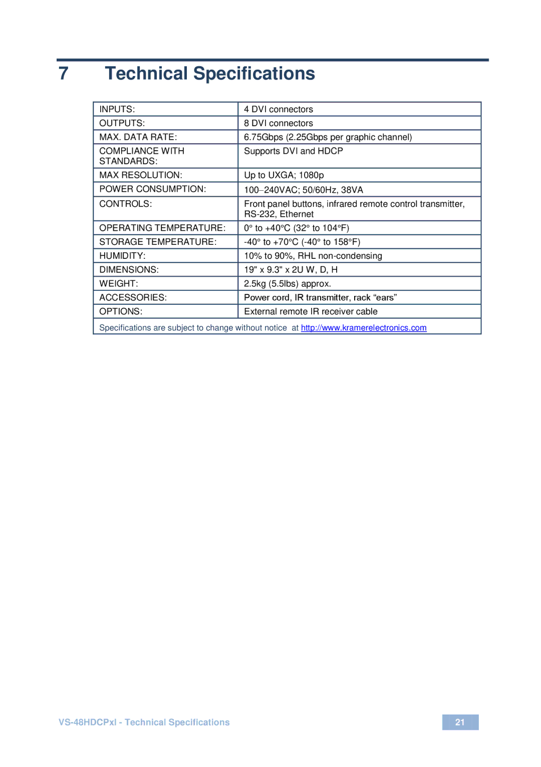 Kramer Electronics vs-48hdcpx1 user manual Technical Specifications 