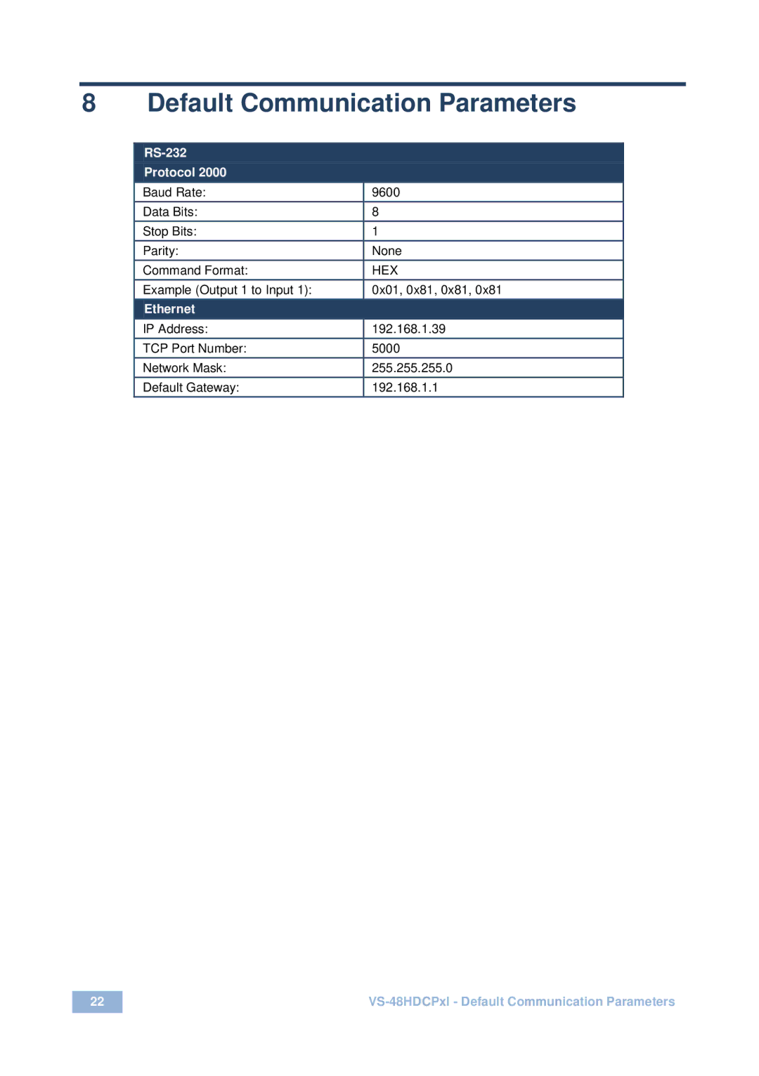 Kramer Electronics vs-48hdcpx1 user manual Default Communication Parameters, RS-232 Protocol 