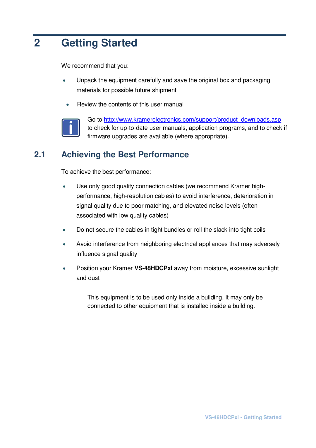 Kramer Electronics vs-48hdcpx1 user manual Getting Started, Achieving the Best Performance 